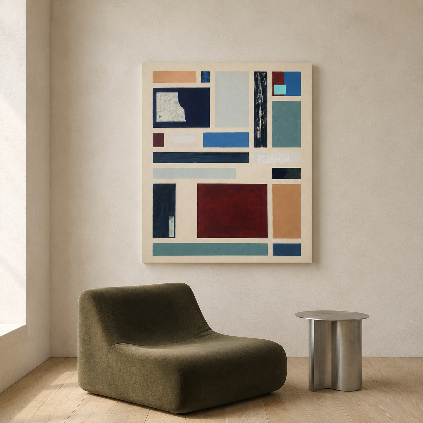 Modular Fields mixed-media artwork shown in a contemporary interior