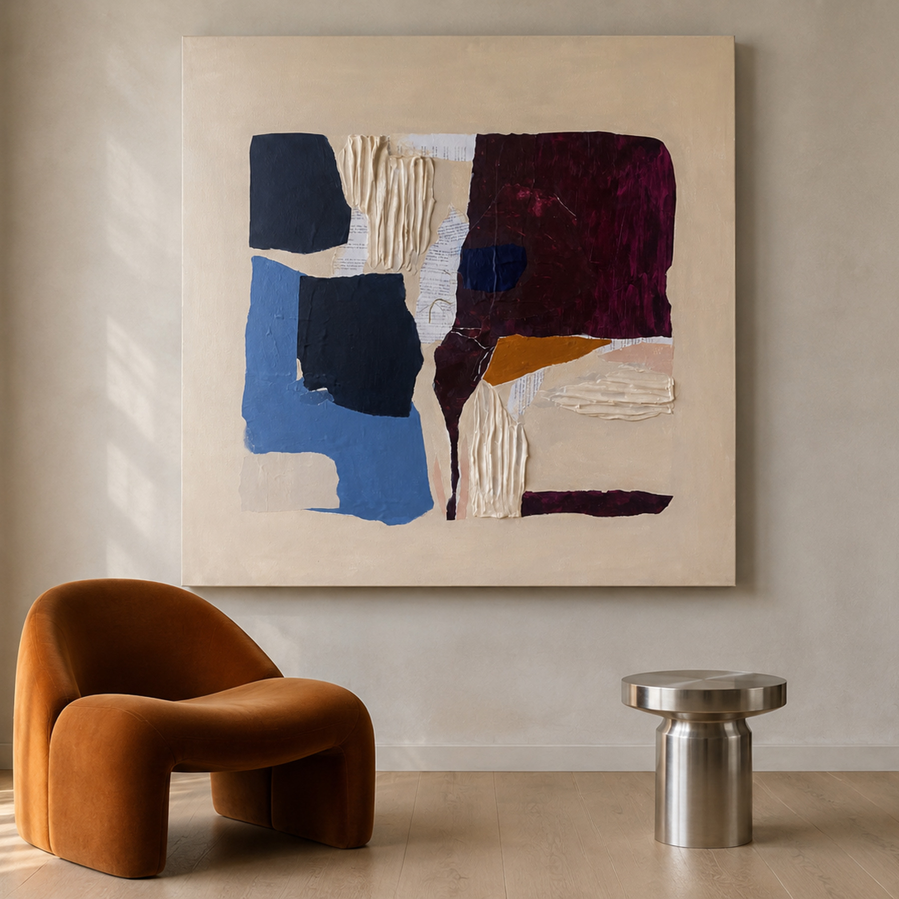 Tactile Fragments mixed-media artwork shown in a warm interior